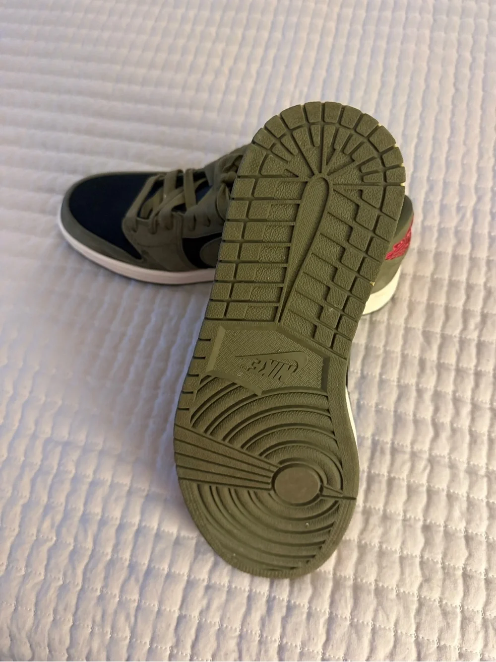 Nike Jordan’s 1 Travis Scott Men's Olive Green, Black and White Low-Top Sneakers